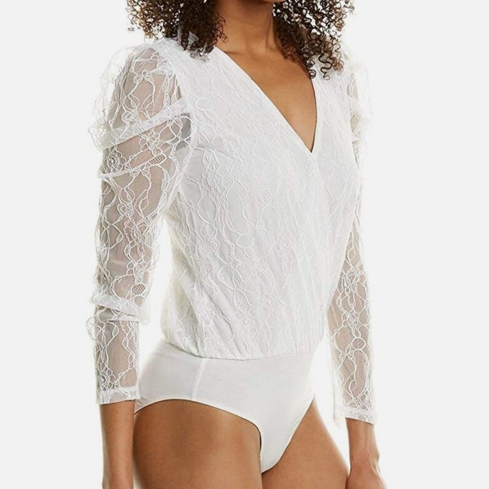 New WAYF Sheer White Lace Long Puff Sleeve Bodysuit - Picture 3 of 7